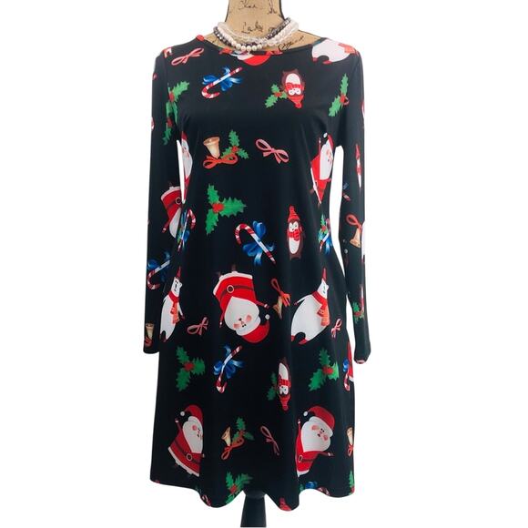 Christmas Dress Side Pockets Long Sleeve Black Background with Fun Holiday Print - Picture 16 of 16